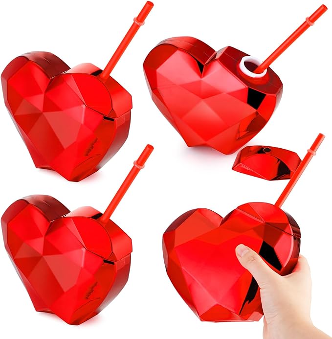 Disco Ball-Heart Shape Cup with Straw (RED)